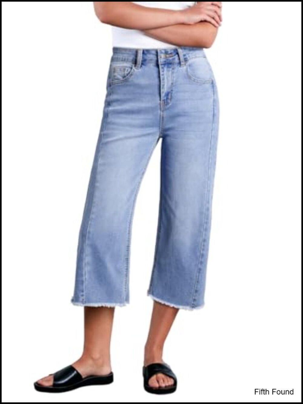 High Waisted Wide Leg Capri Jeans Stretchy Raw Hem Boyfriend Denim Pants
